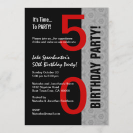 Invitación 50º cumpleaños Parte moderna Red Silver Negro W179