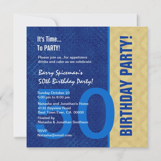 Invitación 50º cumpleaños Royal Azul y Gold V02 moderno (Anverso)
