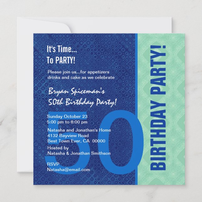 Invitación 50º cumpleaños Royal Blue y Mint V03 moderno (Anverso)