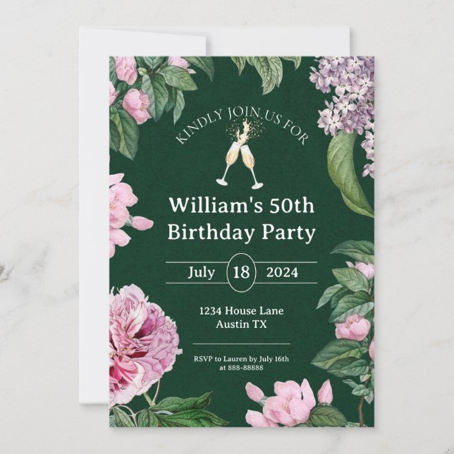 Invitación 50.ª acuarela Flores elegantes Cumpleaños (Anverso)