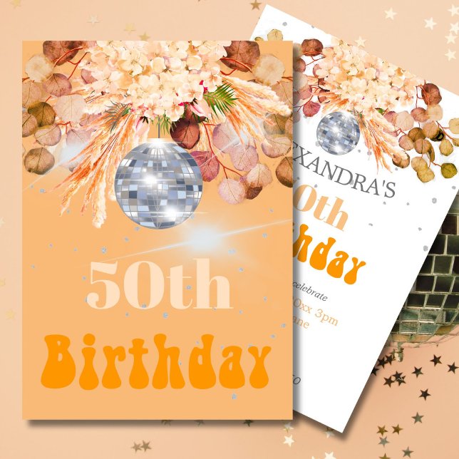 Invitación 50.ª Bola Disco Naranja Floral De Cumpleaños (Subido por el creador)