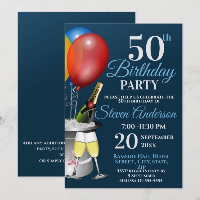Invitación 50.ª Celebración de cumpleaños Fiesta de vino espu (Anverso / Reverso)
