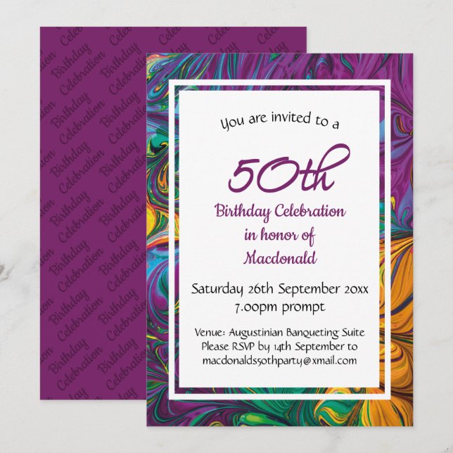 Invitación 50.ª Celebración de Cumpleaños Resumen Personaliza (Anverso / Reverso)