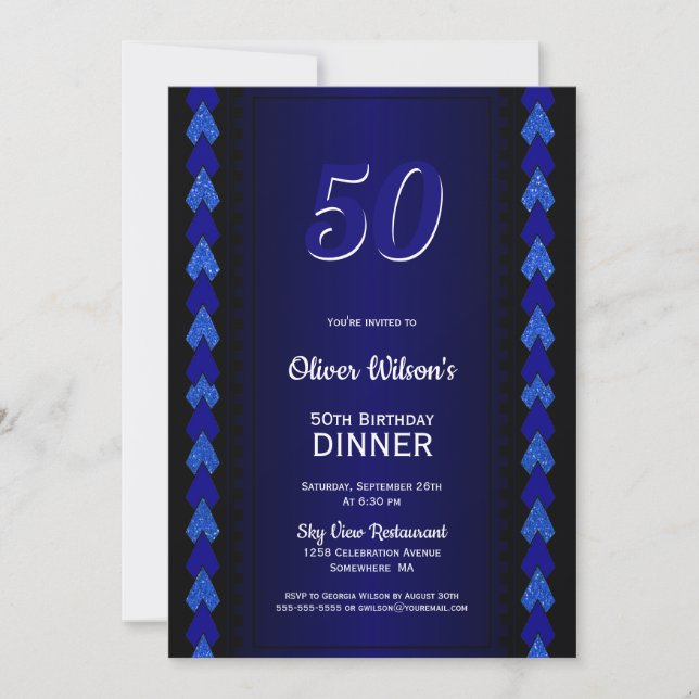 Invitación 50.ª cena de cumpleaños Fiesta negro y azul (Anverso)