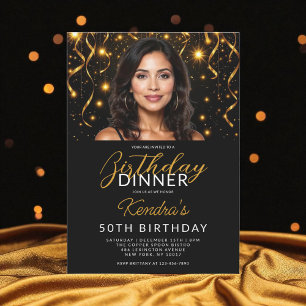 Invitación 50.ª cena de cumpleaños oro y foto negra