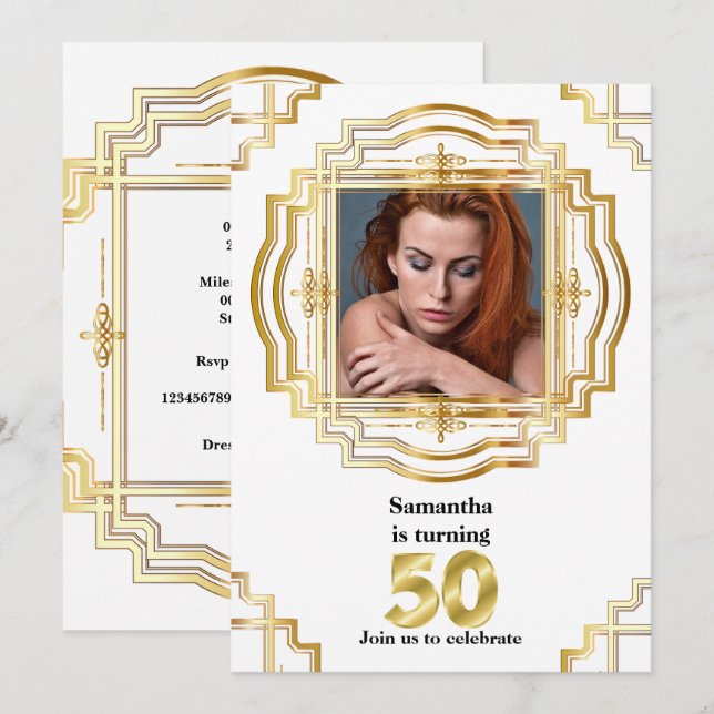 Invitación 50.ª elegante fotograma blanco dorado cincuenta mo (Anverso / Reverso)