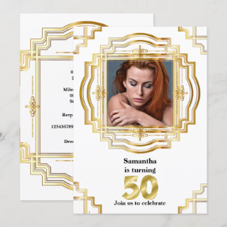 Invitación 50.ª elegante fotograma blanco dorado cincuenta mo