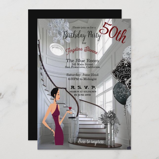 Invitación 50.ª Feria de Cumpleaños Escalera Elegante (Anverso / Reverso)