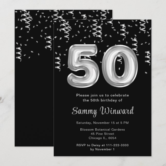 Invitación 50.ª festividad de globos de plata con confetti (Anverso / Reverso)