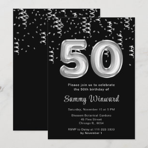 Invitación 50.ª festividad de globos de plata con confetti