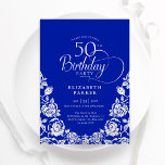 Invitación 50.ª festividad de los Rosas Royal Blue Silver<br><div class="desc">Elegante invitación de fiesta de 50 años en la plata azul real. Diseño elegante con rosas, Relieve metalizado falso plateado y tipo de letra de guión tipográfico. La carta de invitación a la moda es perfecta para una elegante celebración de cumpleaños femenina. Personaliza con tus propios detalles. Se puede personalizar...</div>