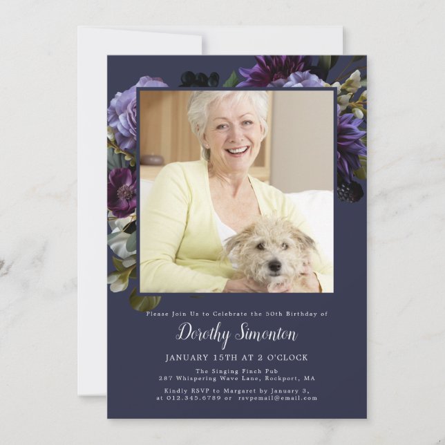 Invitación 50.ª festividad festividad Moody Purple Floral (Anverso)