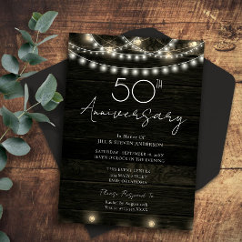 Invitación 50.ª Fiesta Anniverdary Rustic Wood Lights