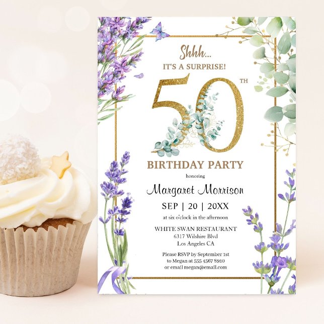 Invitación 50.ª Fiesta de Cumpleaños Acuarela Lavanda Púrpura (Subido por el creador)