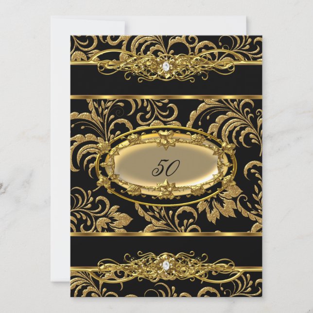 Invitación 50.ª Fiesta de Cumpleaños Black Gold Damask Floral (Anverso)