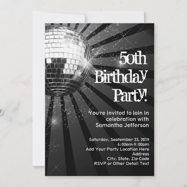 Invitación 50.ª fiesta de cumpleaños Black Sparkle Disco Ball (Anverso)