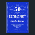 Invitación 50.ª Fiesta de Cumpleaños - Blanco Azul Real<br><div class="desc">50.ª Invitación a la fiesta de cumpleaños. Elegante diseño retro azul real y blanco con letra de guión. ¡Salud a 50 años! Mándame un mensaje si necesitas más personalización.</div>