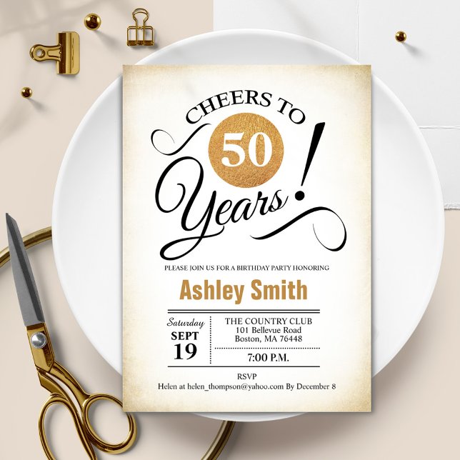 Invitación 50.ª fiesta de cumpleaños - Blanco negro de oro re (Subido por el creador)