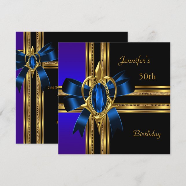 Invitación 50.ª Fiesta de Cumpleaños Blue Gold Heart Jewel (Anverso / Reverso)