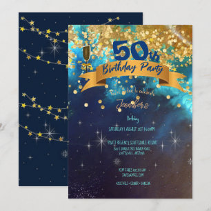 Invitación 50.ª Fiesta de Cumpleaños Blue Gold Sparkles Class