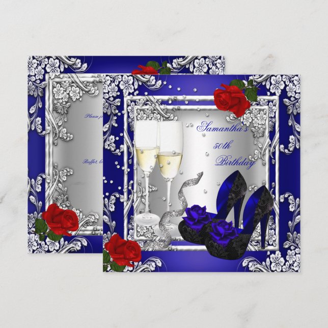 Invitación 50.ª fiesta de cumpleaños Blue Red Rose Silver (Anverso / Reverso)