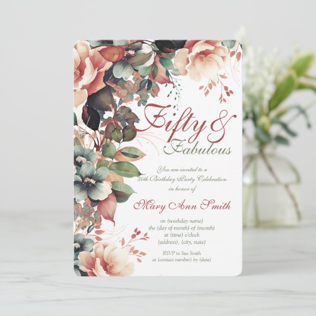 Invitación 50.ª fiesta de cumpleaños Boho Garden Floral (Anverso de pie)