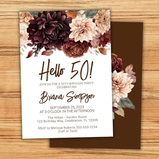 Invitación 50.ª Fiesta de Cumpleaños Brown Beige Flores Flora (Subido por el creador)