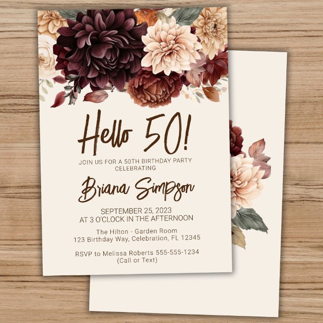 Invitación 50.ª Fiesta de Cumpleaños Brown Beige Ivory Floral (Subido por el creador)