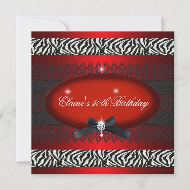 Invitación 50.ª fiesta de cumpleaños cebra negra blanca roja (Anverso)