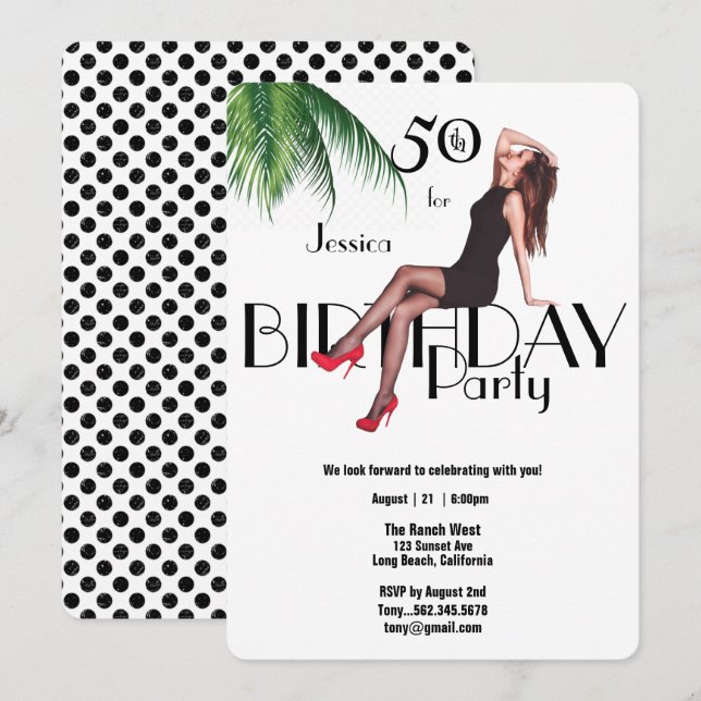 Invitación 50.ª fiesta de cumpleaños Chica de moda Palm Leave (Anverso / Reverso)