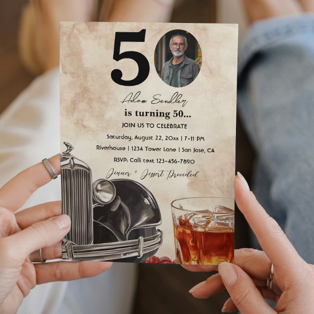 Invitación 50.ª fiesta de cumpleaños | Coche antiguo y Whiske (Subido por el creador)
