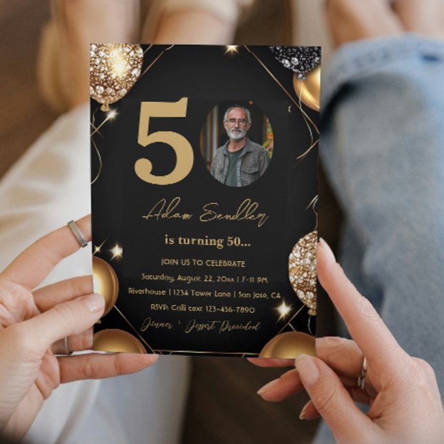 Invitación 50.ª fiesta de cumpleaños con globos y purpurina (Subido por el creador)