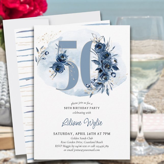 Invitación 50.ª Fiesta de Cumpleaños Costa Azul Floral Número (Subido por el creador)