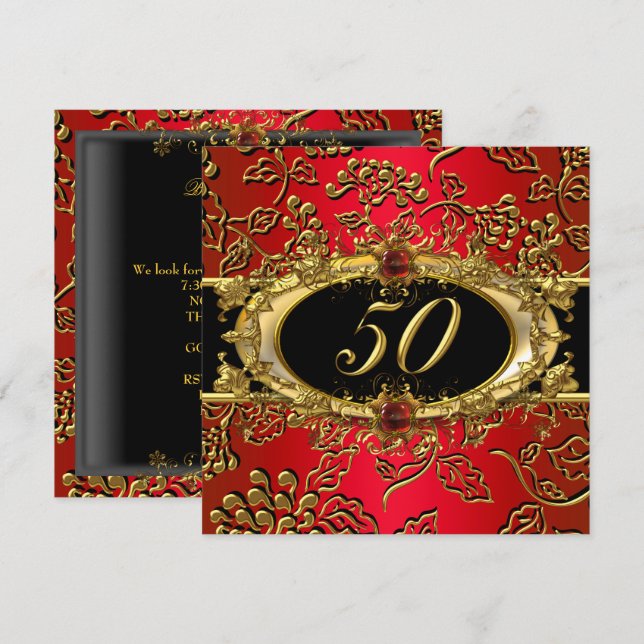 Invitación 50.ª fiesta de cumpleaños Damask Red Gold Black (Anverso / Reverso)