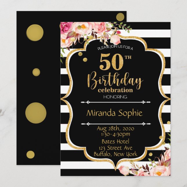 Invitación 50.ª fiesta de cumpleaños de Black White Stripe Pi (Anverso / Reverso)