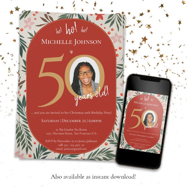 Invitación 50.ª fiesta de cumpleaños de los navidades (50th Christmas Birthday Red Gold Fun Custom Photo Invitation)