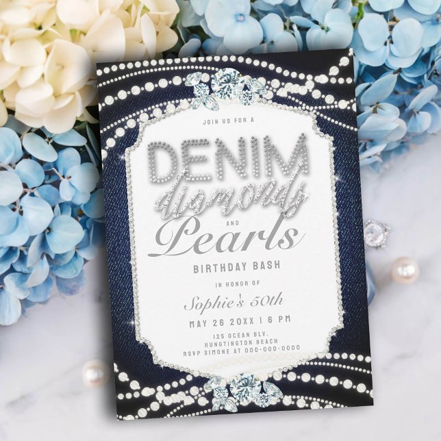 Invitación 50.ª fiesta de cumpleaños Denim Diamonds Pearls Fr (denim and diamonds pearls 50th birthday invitations women elegant frame classy bling glitz glam chic)