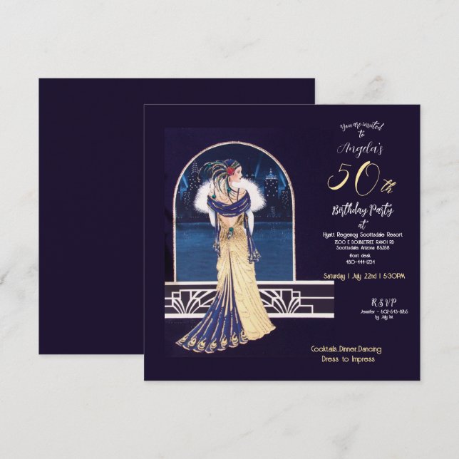 Invitación 50.ª fiesta de cumpleaños Diseño Art Deco (Anverso / Reverso)