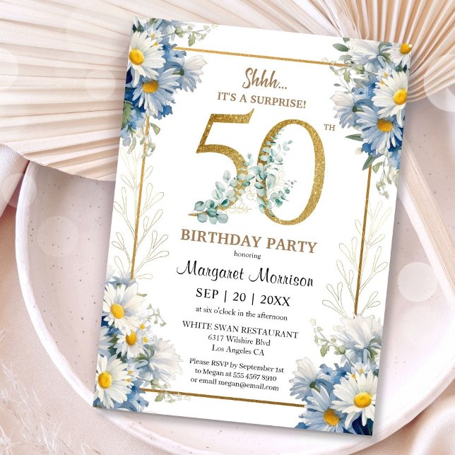 Invitación 50.ª Fiesta de Cumpleaños Dorada Elegante Floral d (Subido por el creador)
