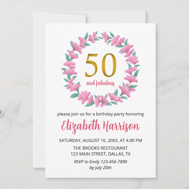 Invitación 50.ª Fiesta de cumpleaños dorada Floral Wreath Pin (Anverso)