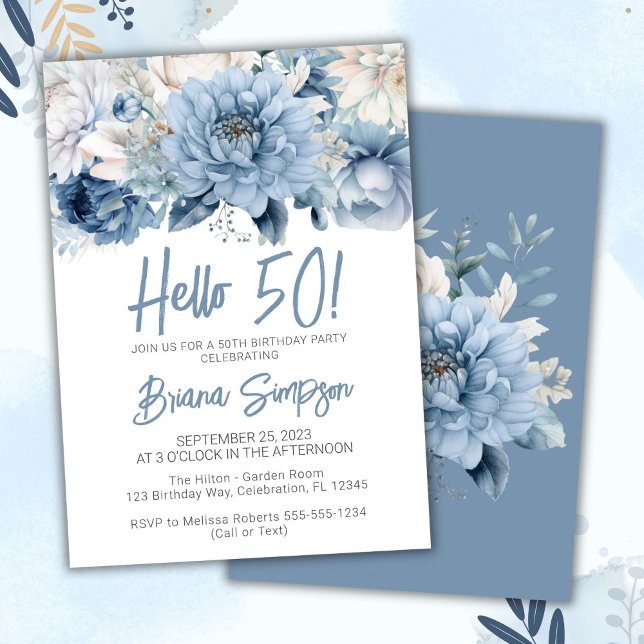 Invitación 50.ª fiesta de cumpleaños Dusty Blue Floral (Subido por el creador)