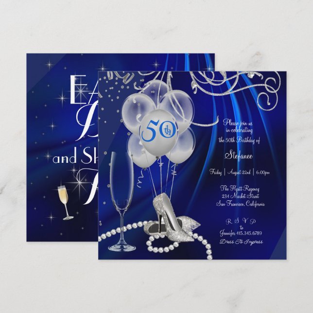 Invitación 50.ª fiesta de cumpleaños, el azul real de Stilett (Anverso / Reverso)