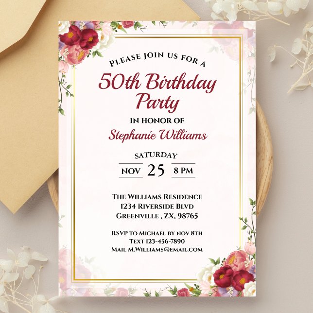 Invitación 50.ª Fiesta de Cumpleaños Elegante Bouquet Floral (Subido por el creador)