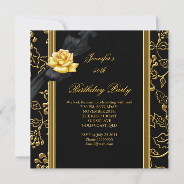Invitación 50.ª Fiesta de Cumpleaños Elegante Damask Gold Bla (Anverso)