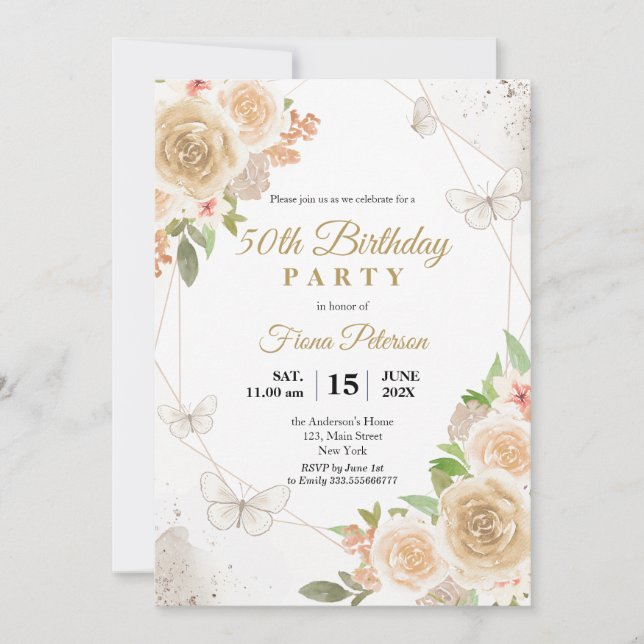 Invitación 50.ª fiesta de cumpleaños Elegante floral (Anverso)