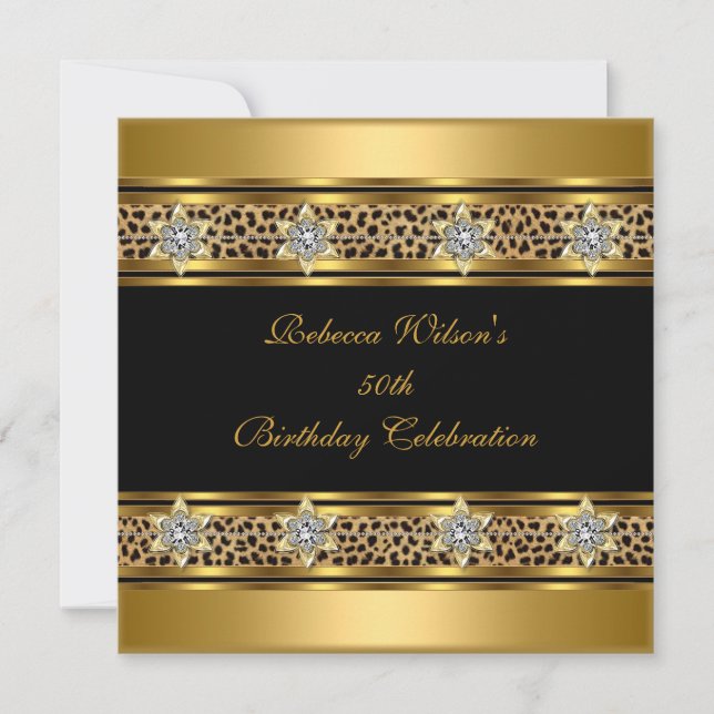 Invitación 50.ª Fiesta de Cumpleaños Elegante Leopardo Negro  (Anverso)