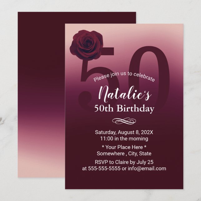 Invitación 50.ª Fiesta de Cumpleaños Elegante Ombre Rojo Borg (Anverso / Reverso)