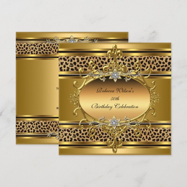 Invitación 50.ª Fiesta de Cumpleaños Elegante Oro Leopardo Ne (Anverso / Reverso)