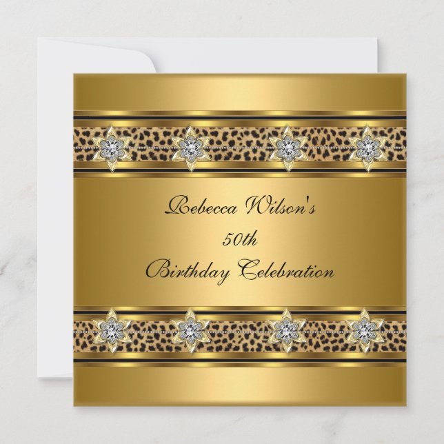 Invitación 50.ª Fiesta de Cumpleaños Elegante Oro Leopardo Ne (Anverso)