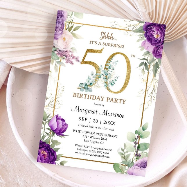 Invitación 50.ª Fiesta de Cumpleaños Elegante Oro Peony (Subido por el creador)